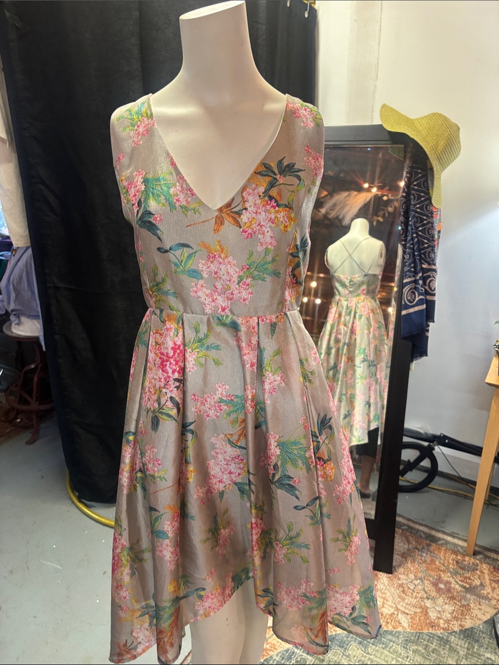 Ya Ya Floral V-Neck Midi Dress in Pink on Taupe